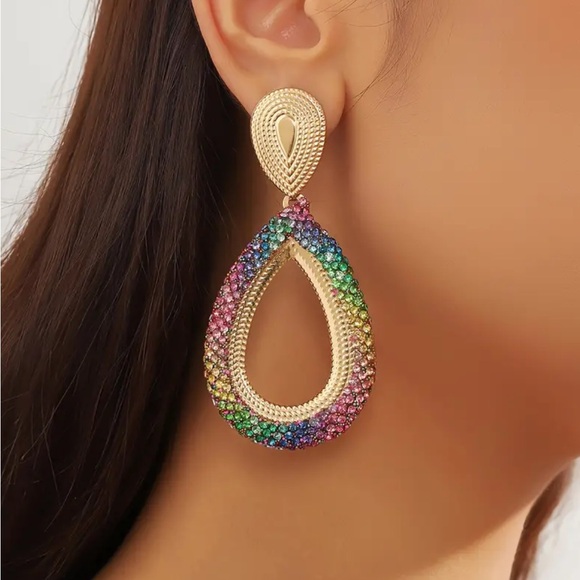 Rose Red Rhinestone Boho Style Teardrop Dangle Earrings - Picture 2 of 3